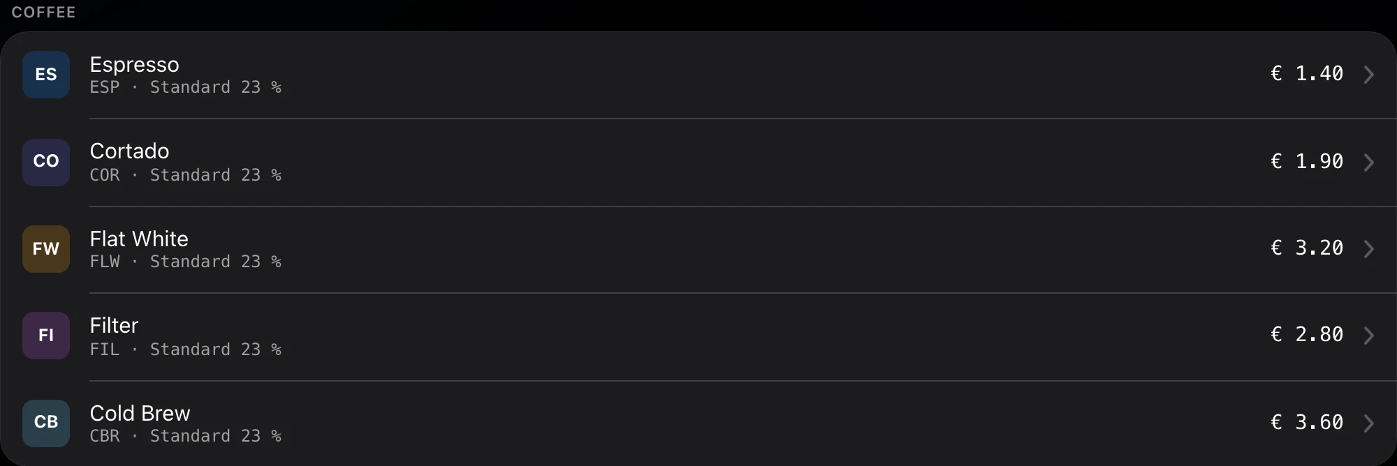 Catalogue rows across categories with prices.