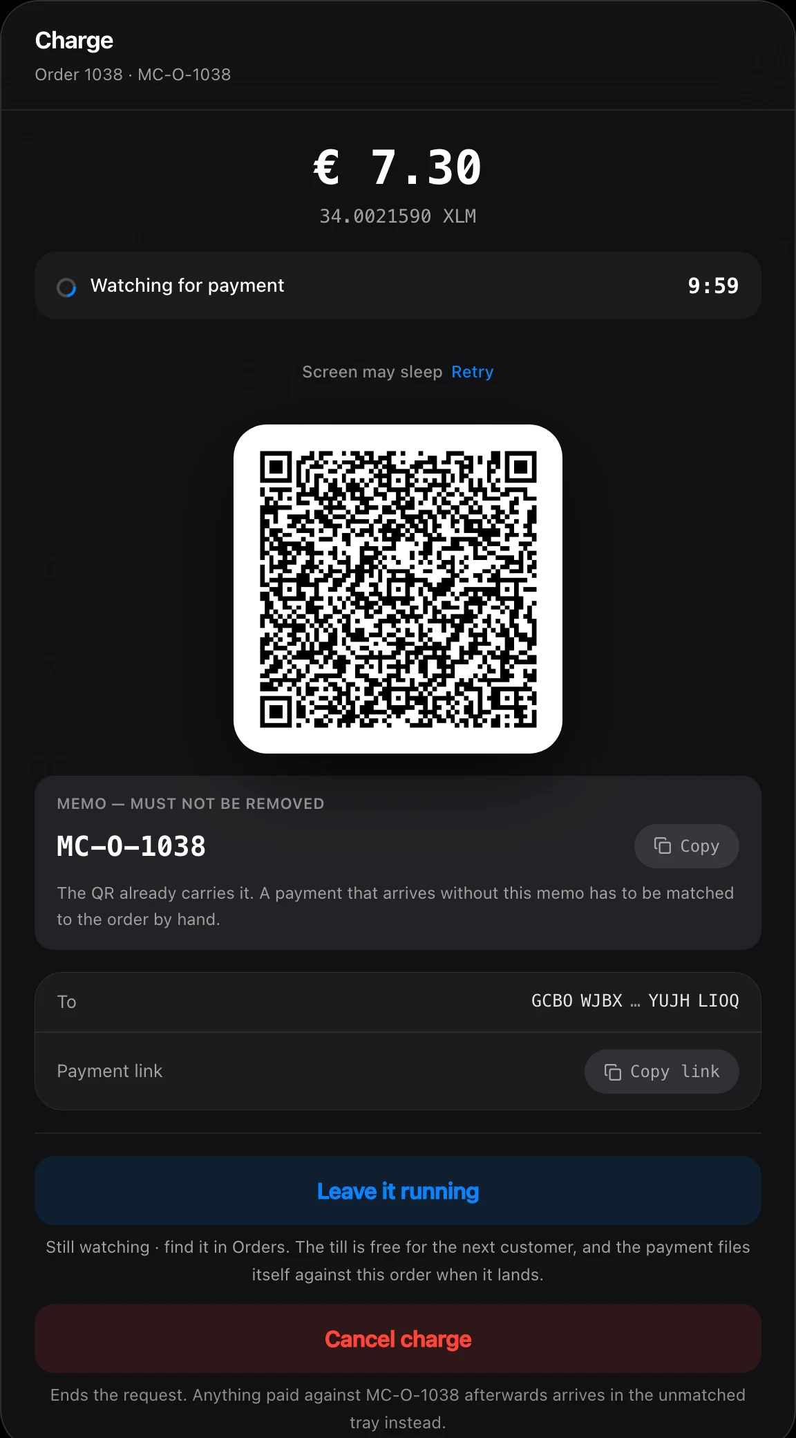 Charge sheet showing the amount in euro and XLM, a countdown, a QR code and the order memo.