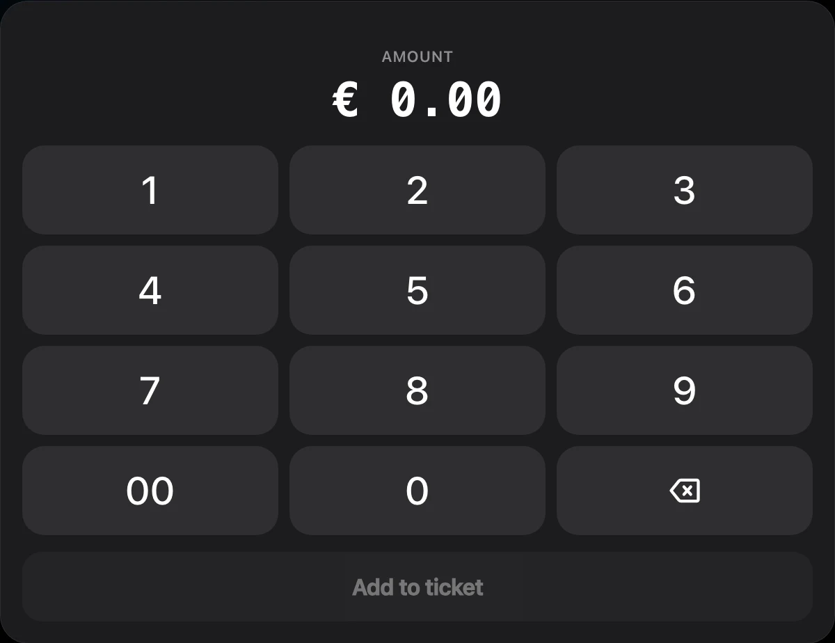 Point-of-sale keypad with an amount display and an add-to-ticket action.