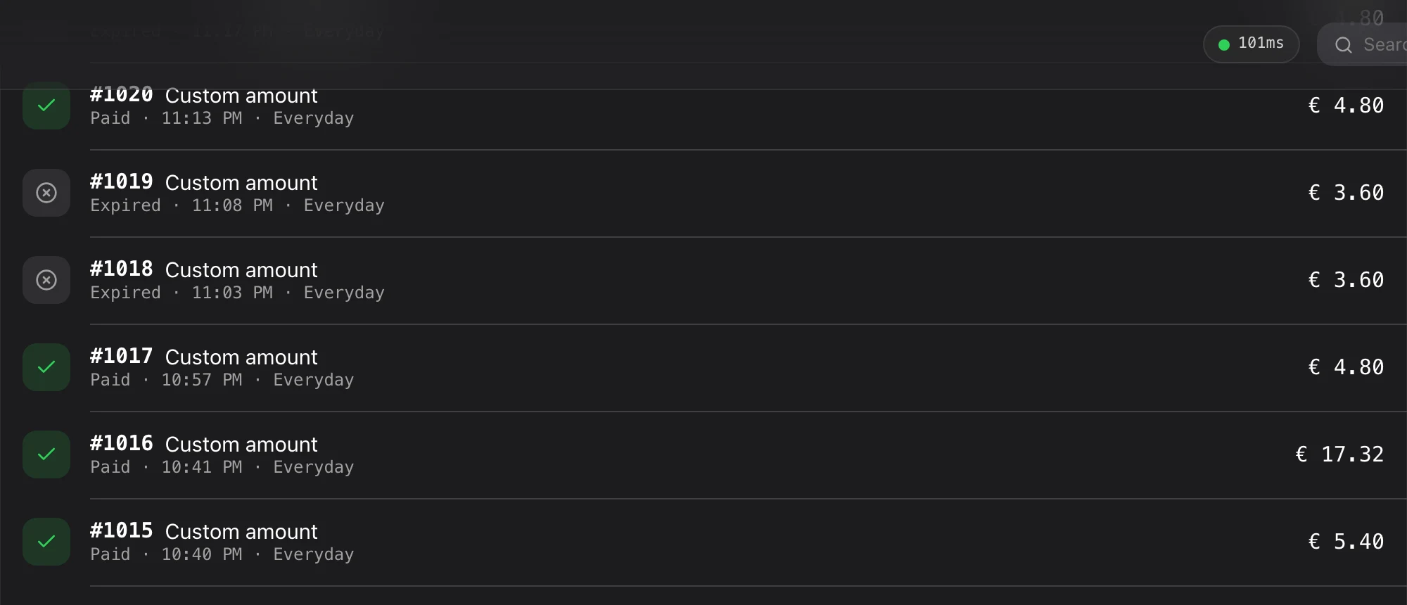 Order rows showing paid sales with time, staff and amount.