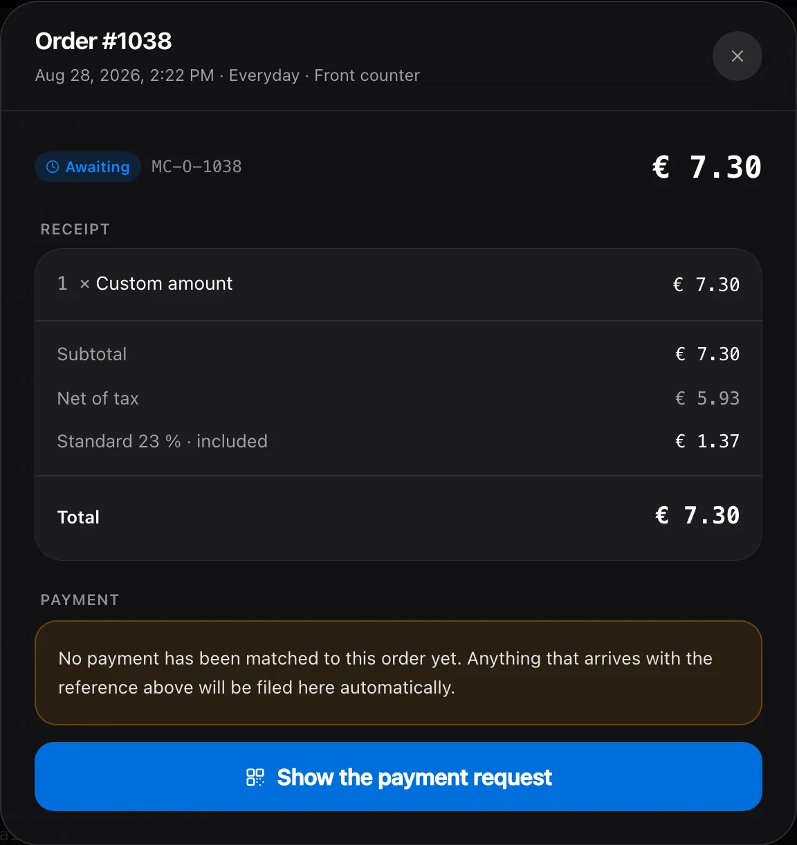 Order receipt showing paid status, line items, VAT, the received XLM amount, payer, transaction hash and ledger number.