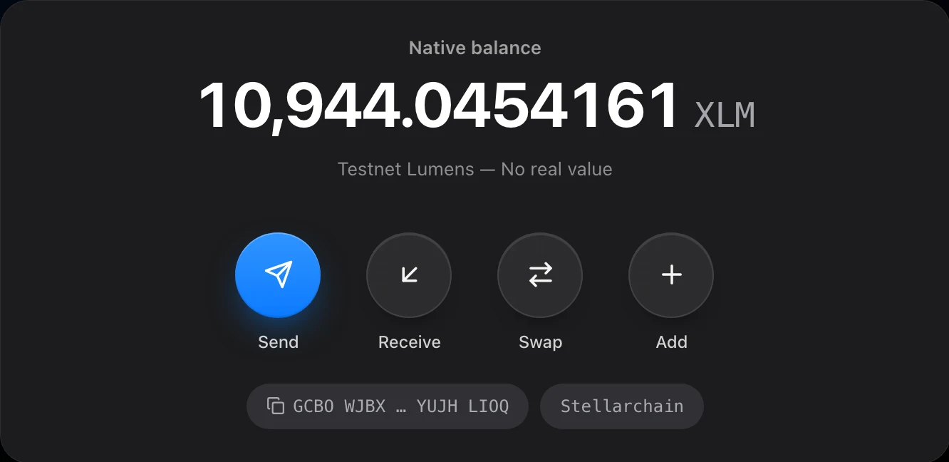 Portfolio card showing a native XLM balance with send, receive, swap and add actions.