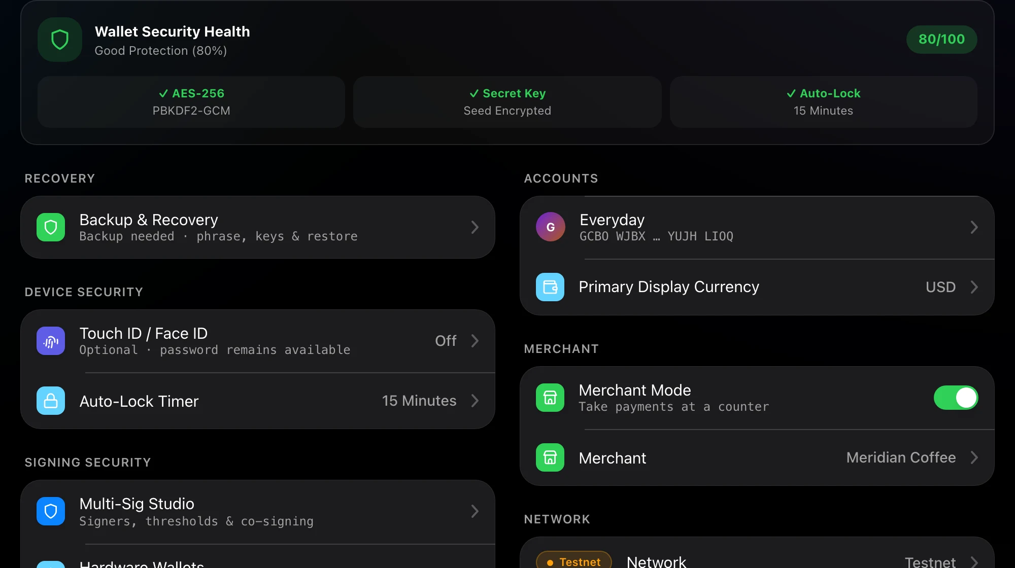 Wallet security health scored out of 100 with encryption, seed and auto-lock checks.