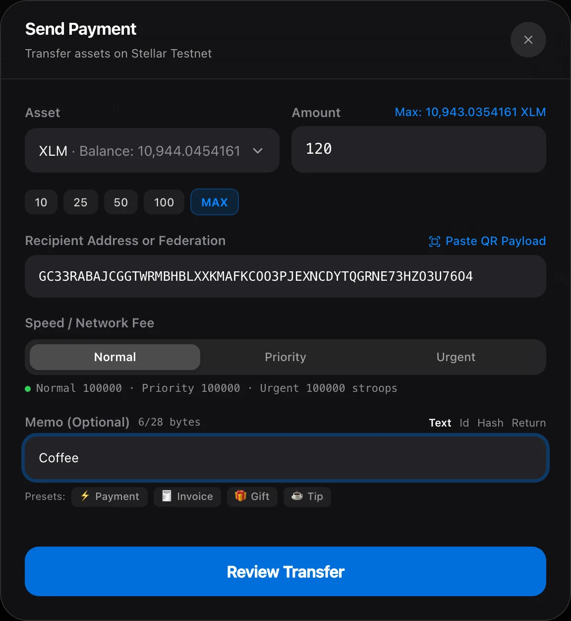 Send payment sheet with asset, amount, recipient address, fee tiers and a memo field.
